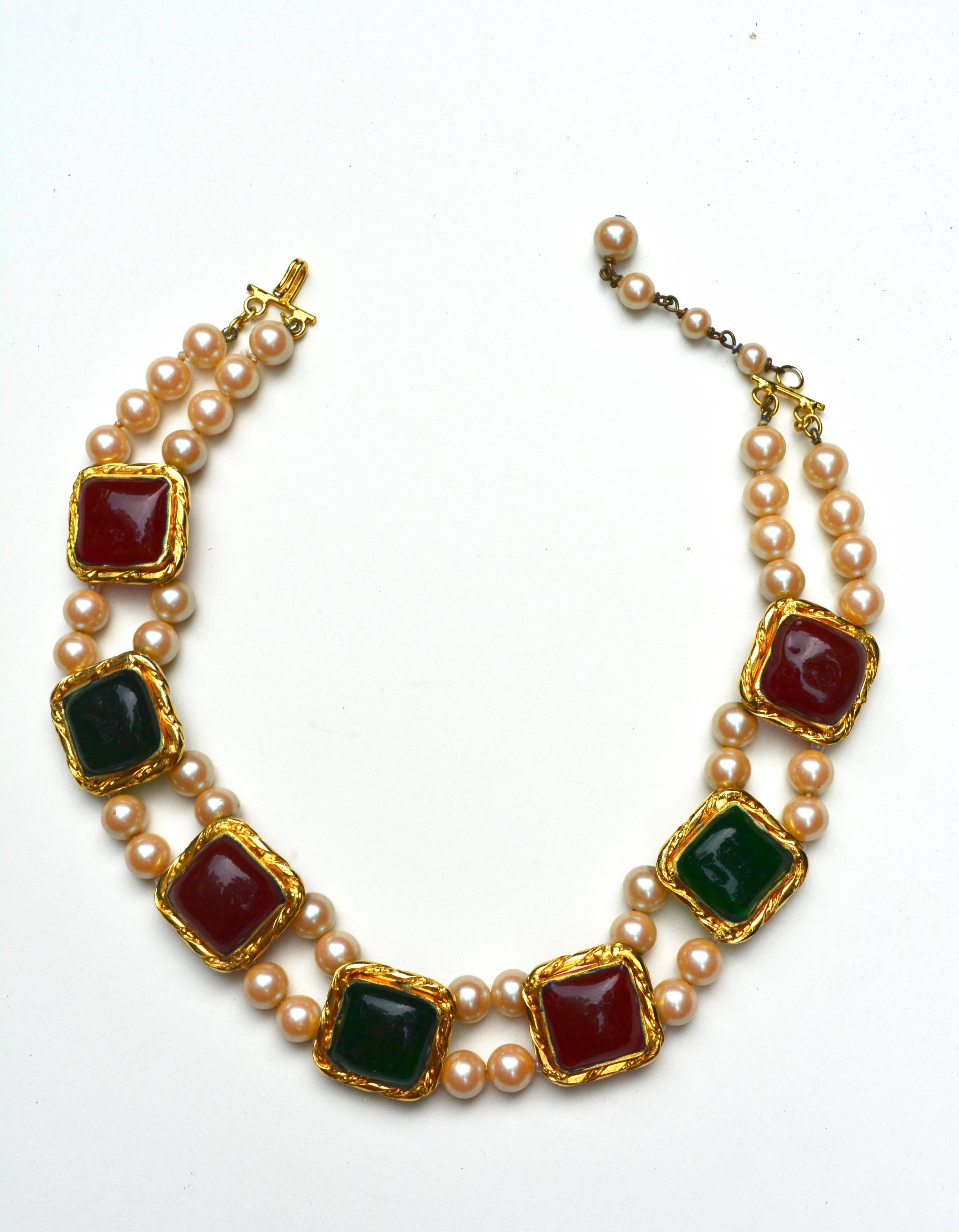 Circa 1950s-60s Gripoix and pearl necklace. Unsigned Chanel choker.  Chanel jewelry at this time was mostly unsigned. These items may have begun to be signed when Goossens started in the mid to late 50s, however most were not signed until the 1960s.