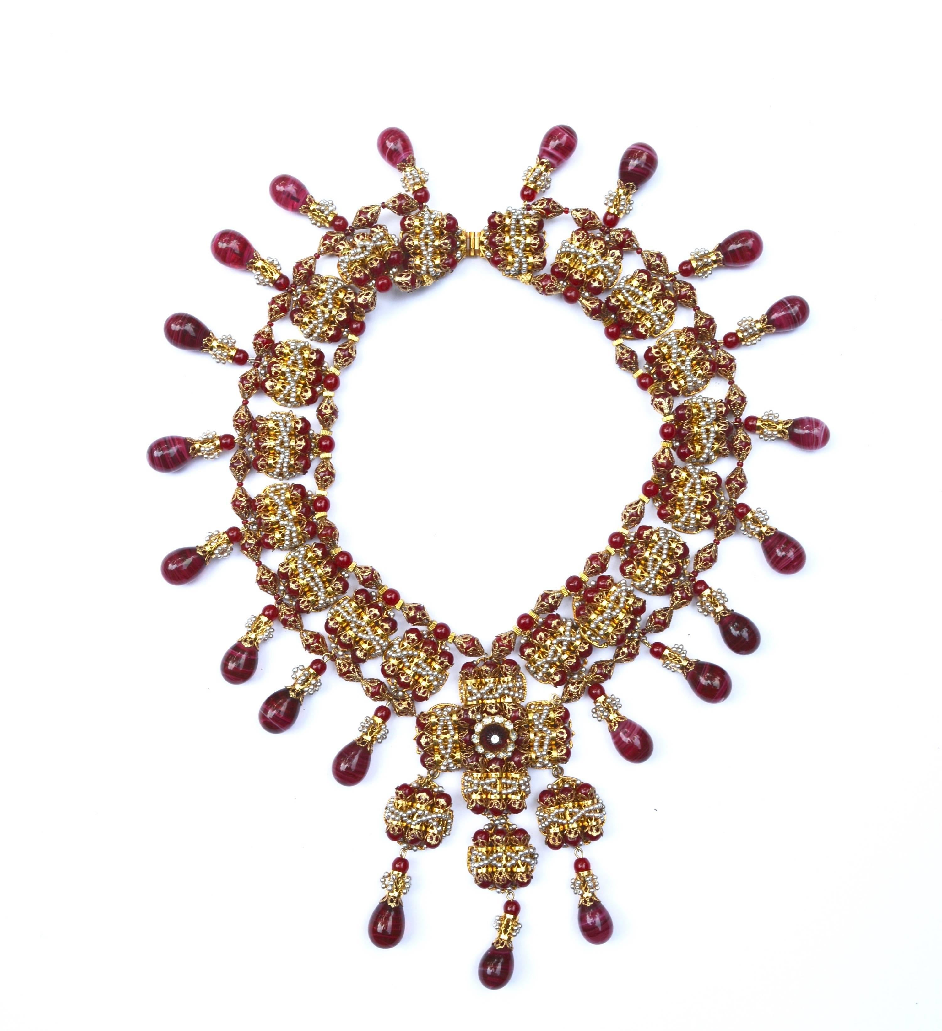 One of a kind, couture level American made William de Lillo signed elaborately beaded glass drop necklace. Made by Robert Clarke while designing for De Lillo. This piece really is the best of American "couture" style jewelry. The piece is