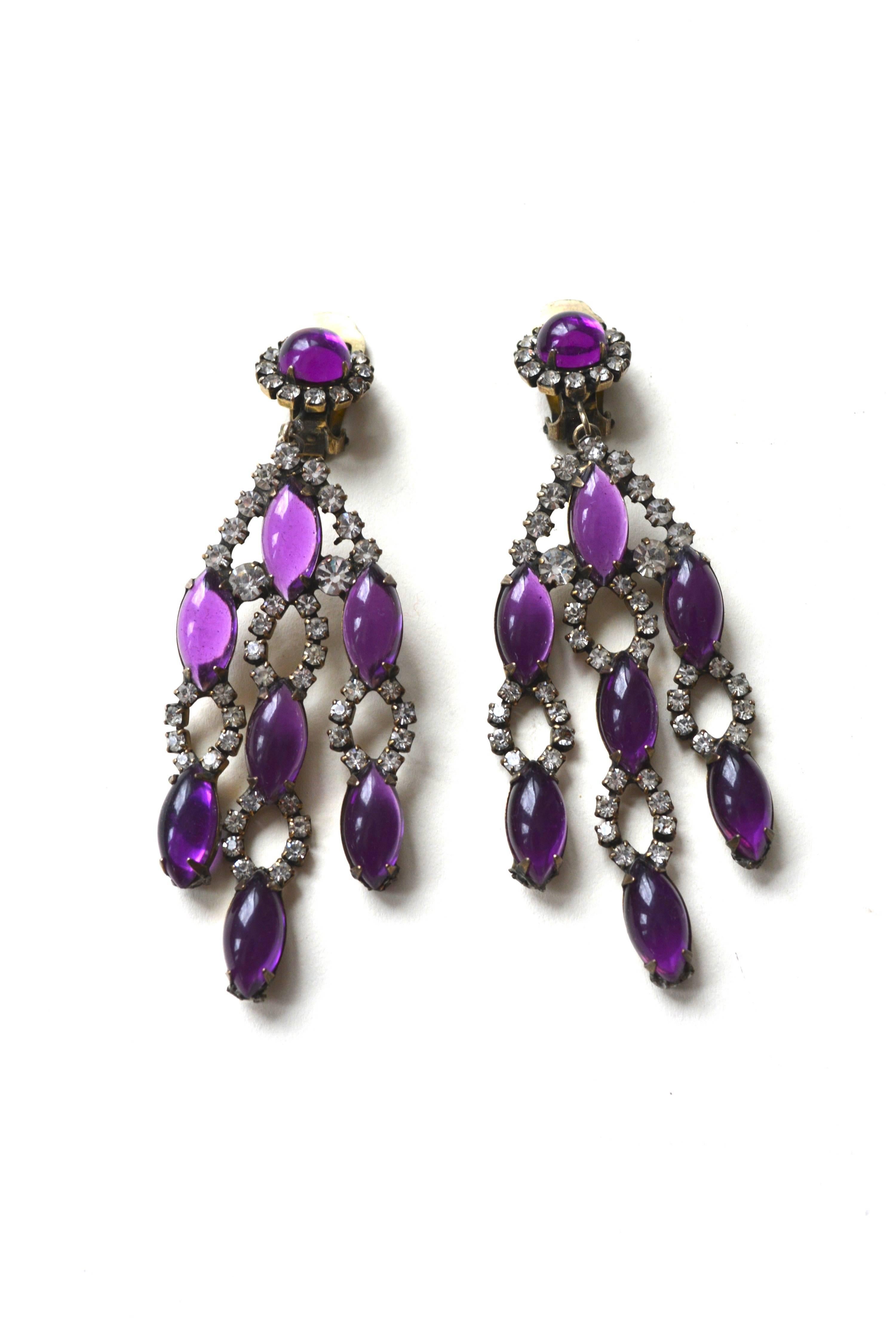 Lux purple KJL earrings signed with the 1960s signature style. Antiqued finish.  Excellent condition. About 3.25