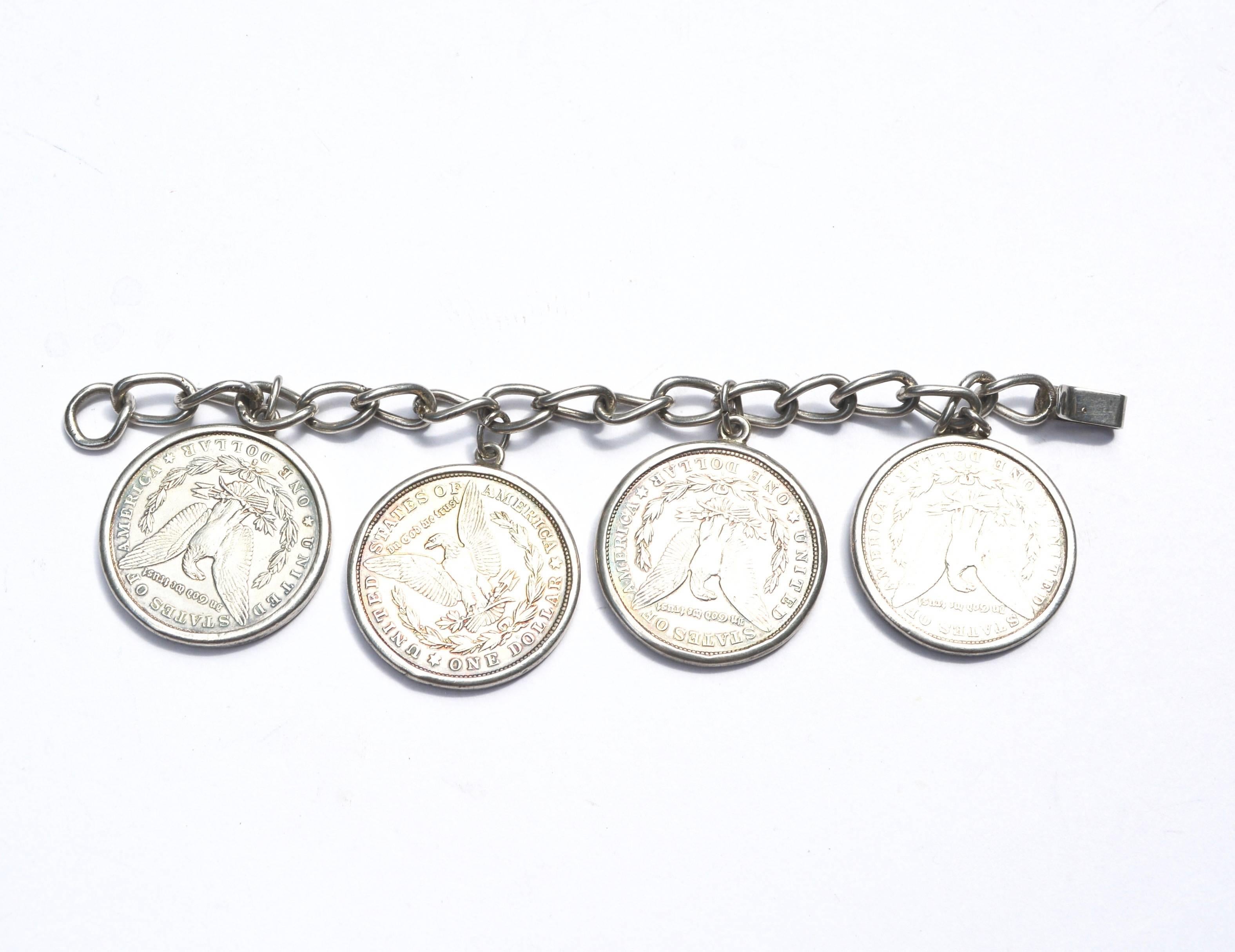 Gorgeous handmade thick silver dollar coin bracelet. Marked sterling. About 137 grams of silver. Reportedly made by a Native American maker in the 60s. 7