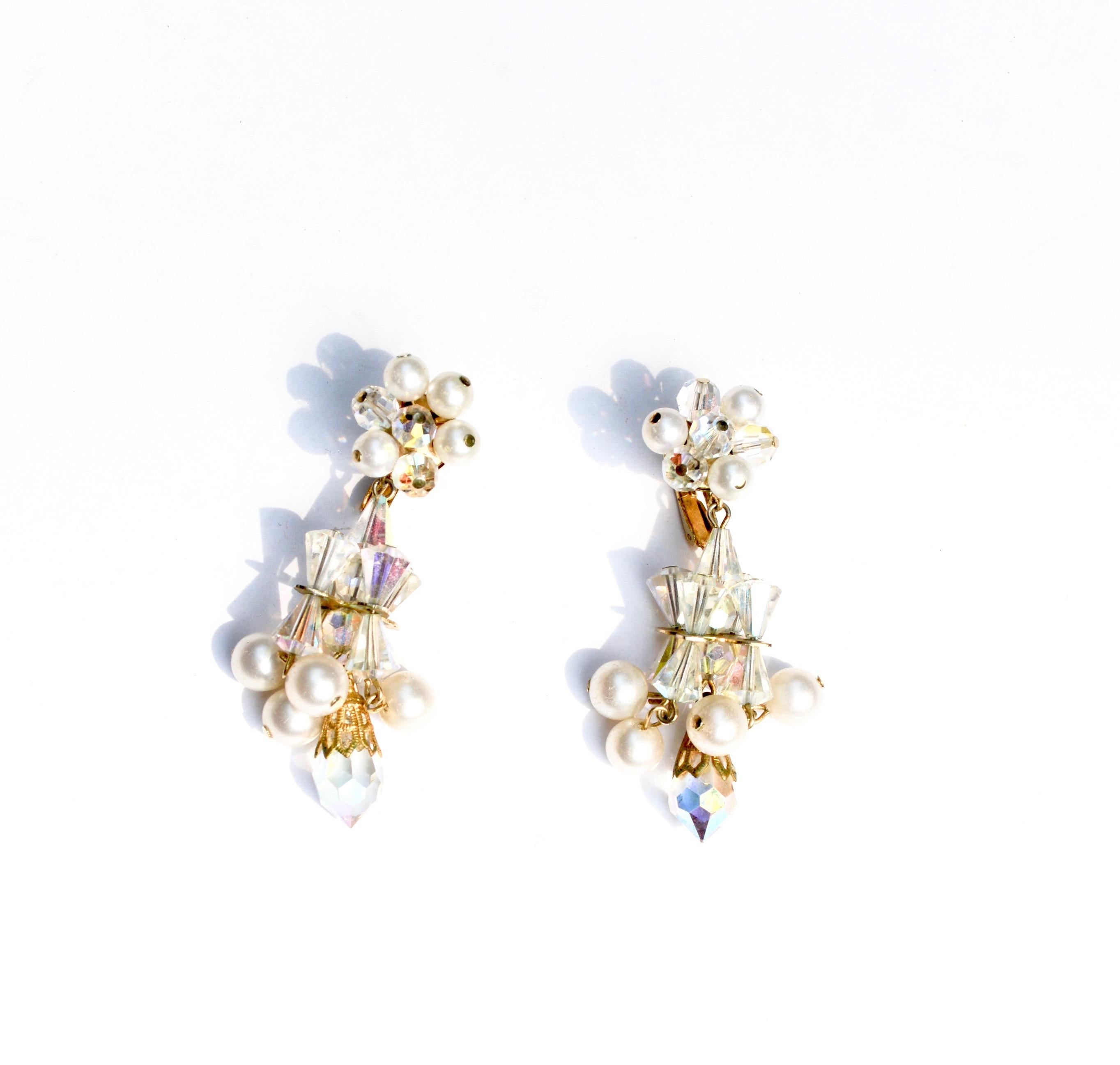 60s pearl and crystal signed Hattie Carnegie earrings. About 2