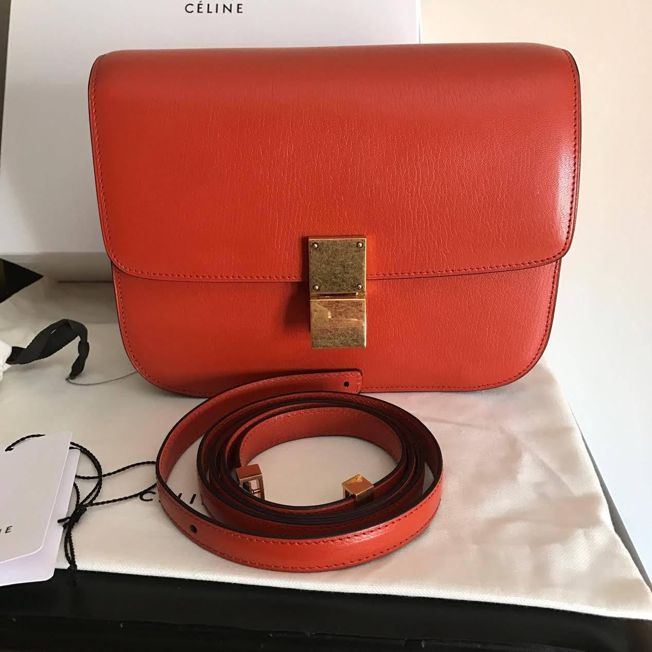 celine medium classic box shoulder bag orange leather For Sale 4