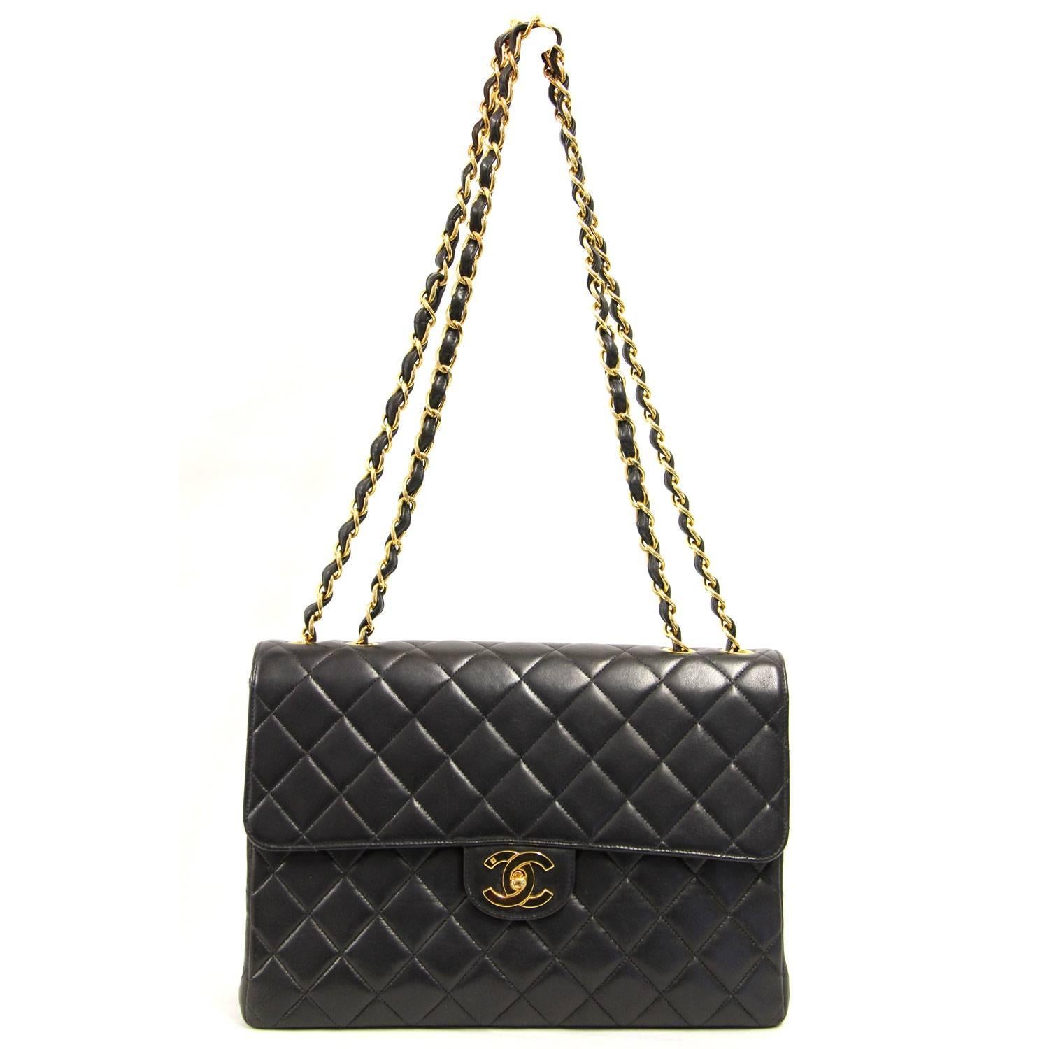 1990s Chanel Black Lamb Leather Jumbo Bag