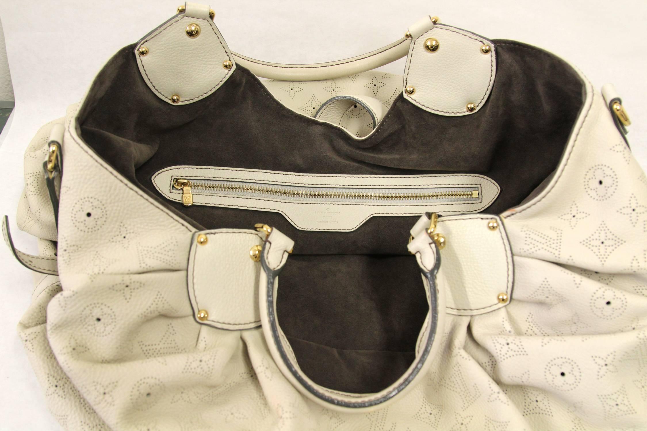 2000s Louis Vuitton Perforated Beige Leather Mahina GM Hobo Bag  2
