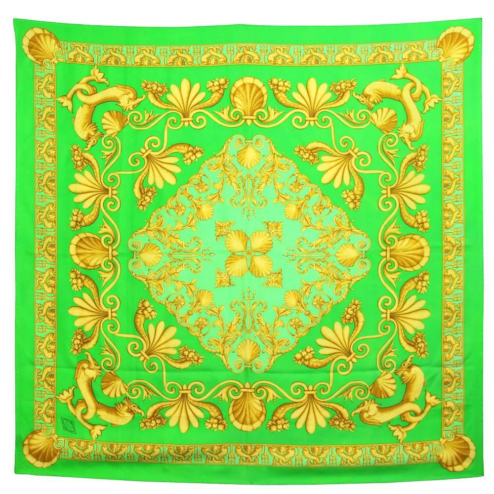 1990s Green and Gold Print Silk Foulard