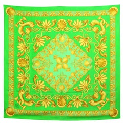 1990s Green and Gold Print Silk Foulard