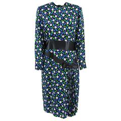 1980s Balmain Ivoire Black Patterned Silk Dress