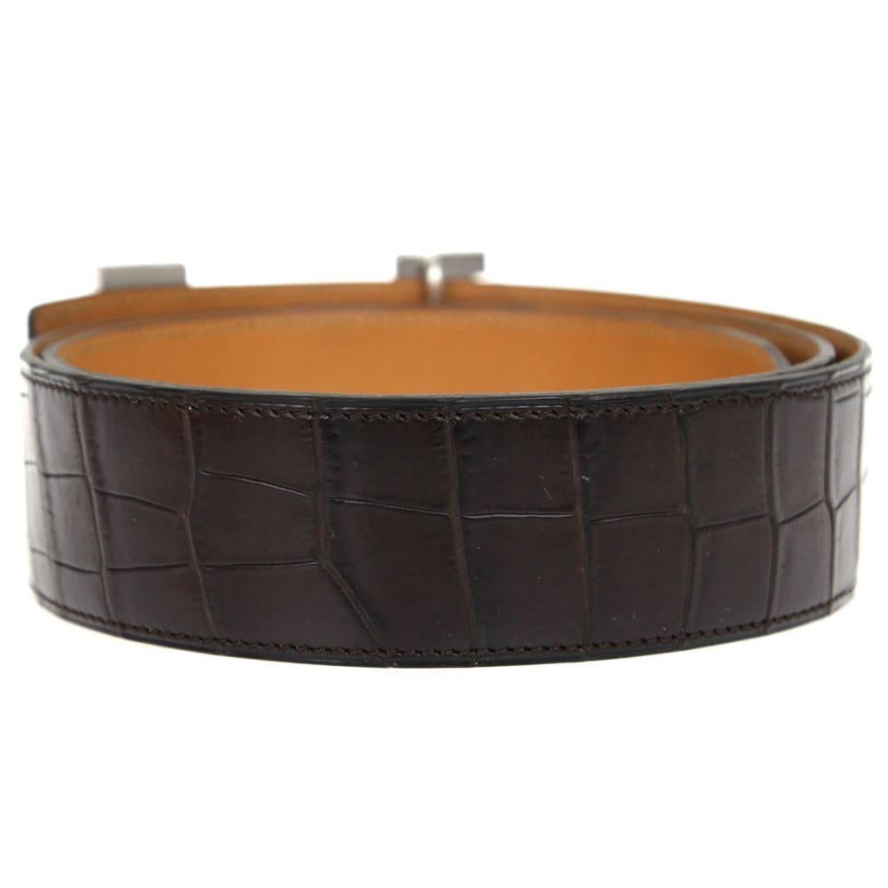 Hermès belt in dark brown crocodile leather with silver 