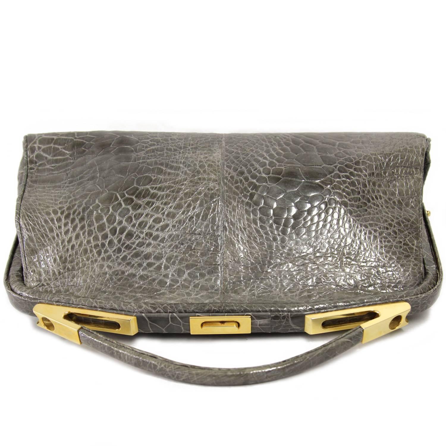 1990s Olive Green Crocodile Leather Handbag 1