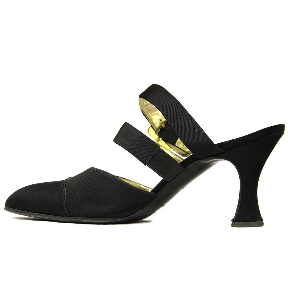 Women's Chanel Black Silk and Leather Mules