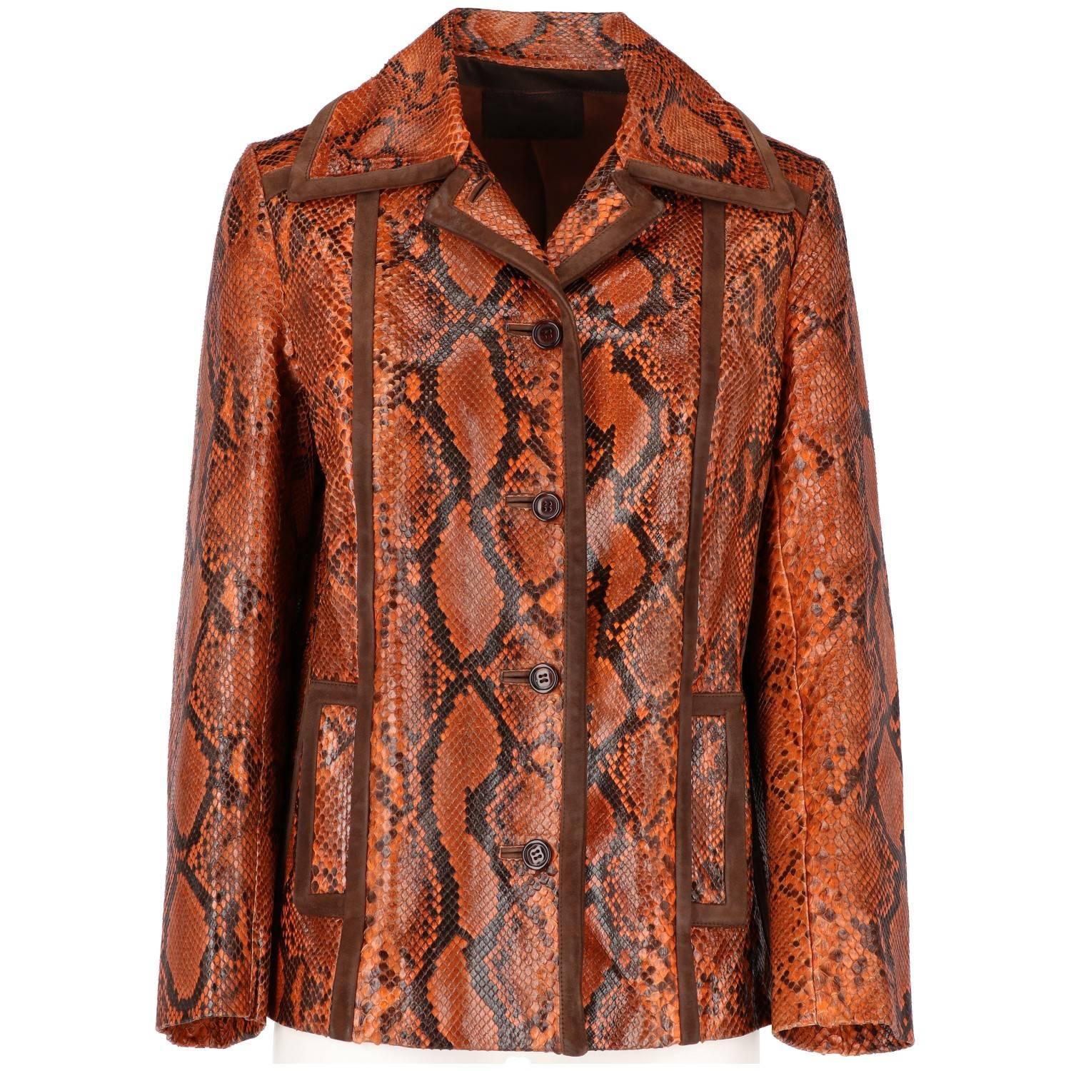 Marvelous orange and brown python skin Prada jacket. It features a classic revers collar, button fastening on the front, side pockets, long sleeves and a straight hem. The item is vintage, it was produced in the 2000s and is in very good conditions,
