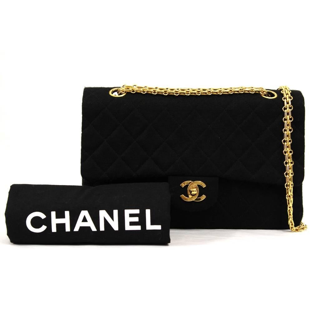 Lovely Chanel 2.55 bag, in black jersey featuring gold hardware, double flap and leather lining. The conditions are very good. According to the code (1265970) the item dates back to the 1989 / 1991.
Item come with original dustbag,

Measurements:
