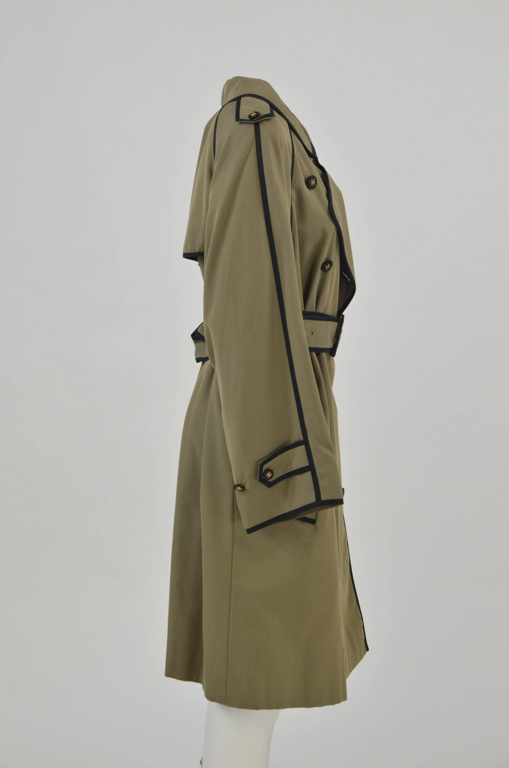 Beige 1990s Chanel Khaki Green Trench Coat For Sale