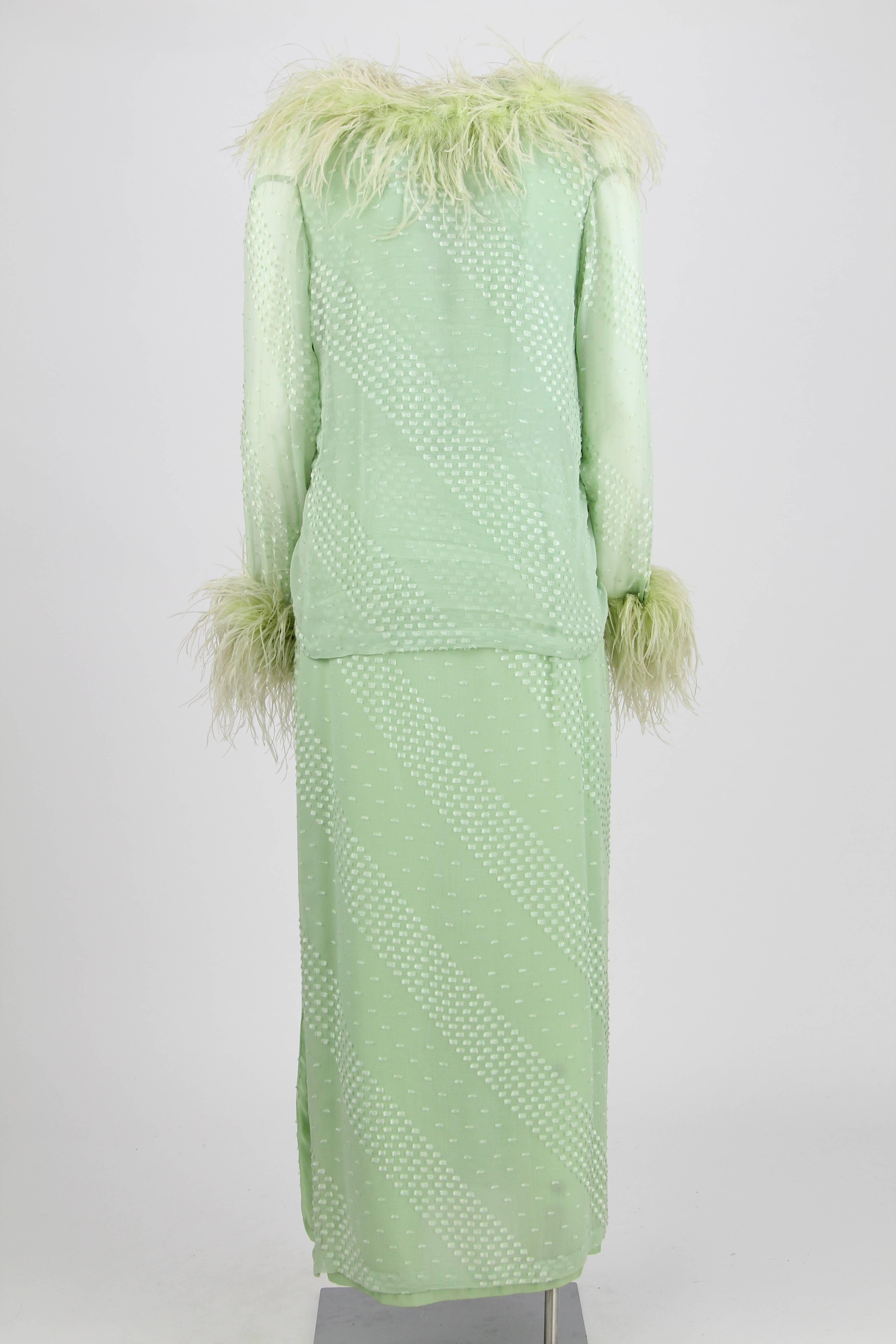 1970s Mint Green Silk Dress and Jacket Suit 3