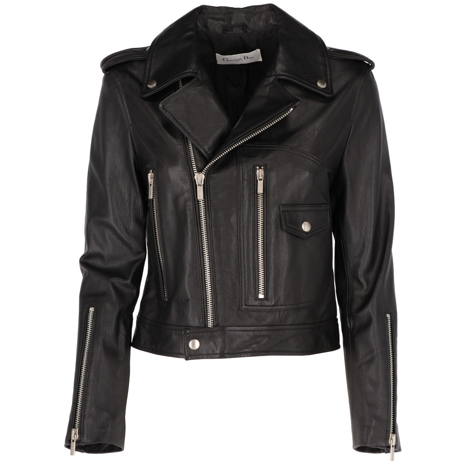 Christian Dior black leather biker jacket, 100% lamb leather with silk linings. Featuring press buttons with 