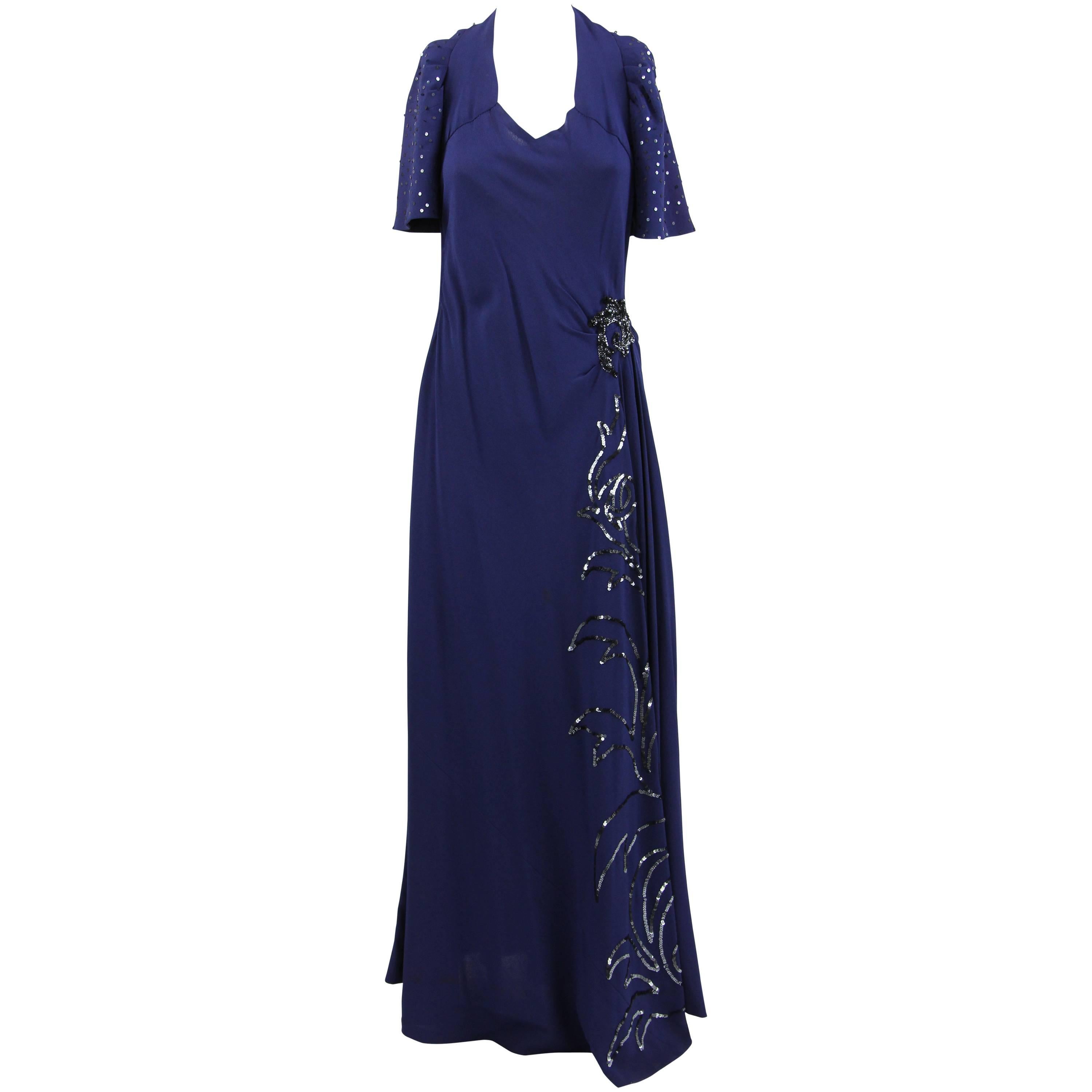 Artisanal Embroidered Dark Blue Evening Dress