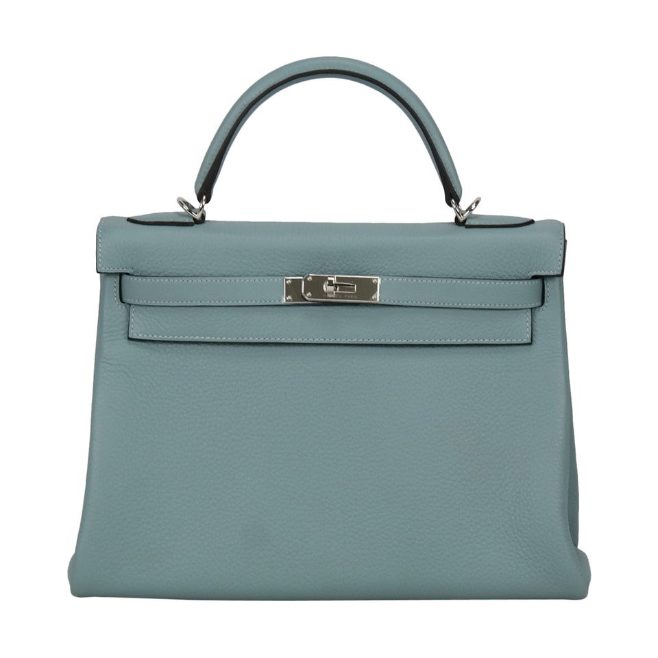 2014 NEW COLOR Hermes Kelly Bag II Retourne  32cm Blue Ciel Palladium Hardware.