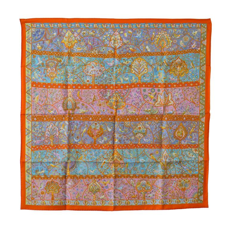 Hermes Carre Twill 100% Silk Au Pays des Oiseaux Fleurs Orange/Bleu ...