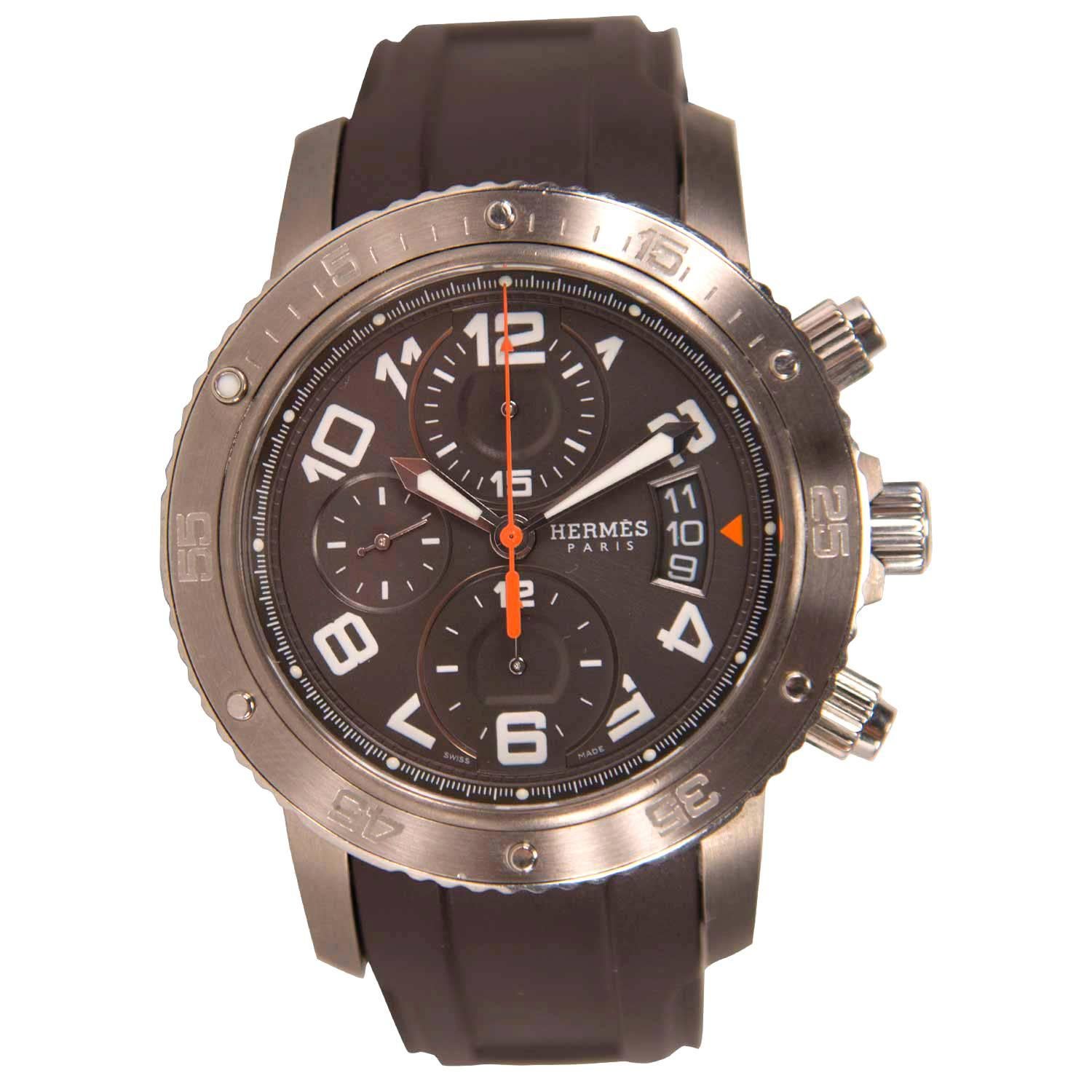 Hermes Clipper Chronographe Watch Rubber Strap Orange, Black, Brown 2012