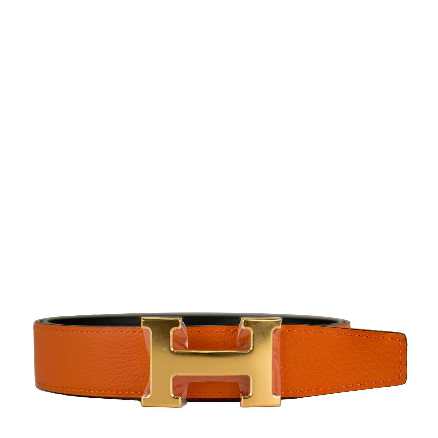 Hermes Belt H 32mm Box Togo Noir/Orange size 85 + Boucle Gold 2016

Pre-owned and never used

Bought it in hermes store in 2016.

Color:  Black/Orange.

Model: H.

Size: 85cm.

Details:
*Protective felt removed for purposes of