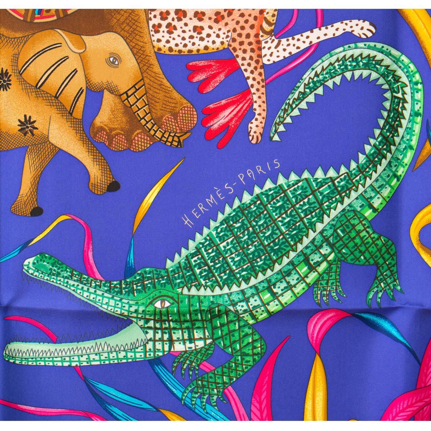 Hermes  Carre Twill 100% Silk La Marche du Zambeze Iris/Vert/Brique 2016 In New Condition In Miami, FL
