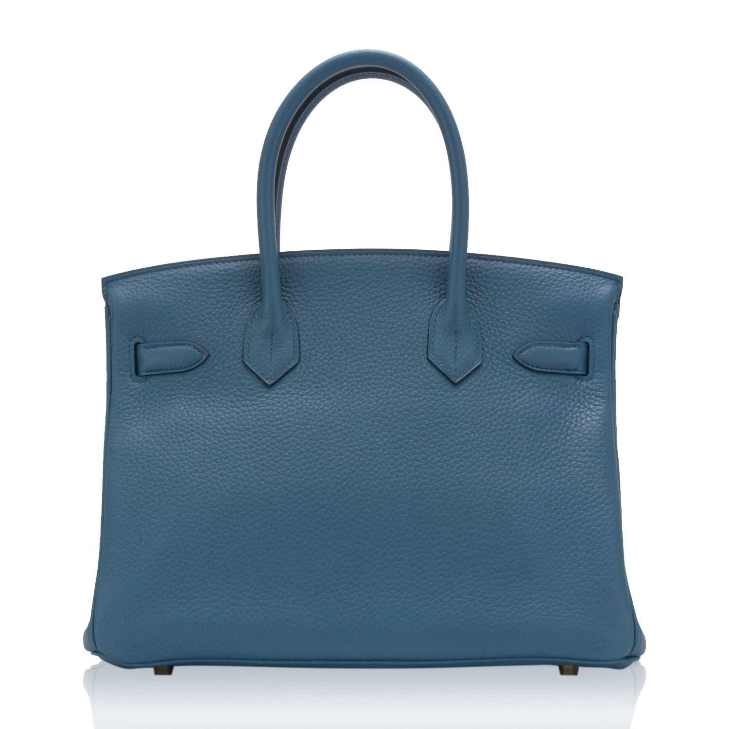 Women's or Men's Hermes Birkin 30 T. Clemence Leather R2 Blue Agate NEW COLOR Gold Hardware 2016