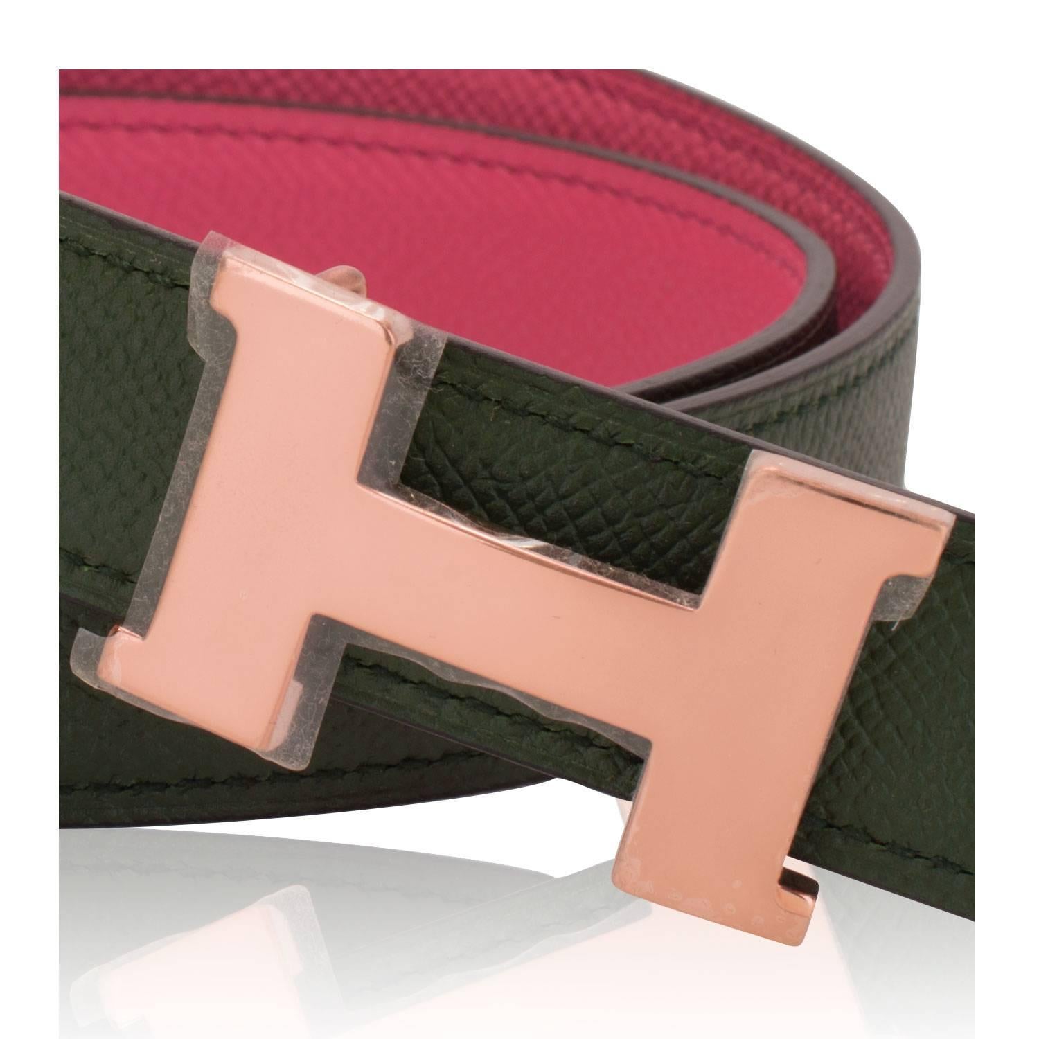 Hermes Woman Belt Reversible Epsom Leather Rose Jaipur/Vert Gold Pink Hardwar In New Condition In Miami, FL