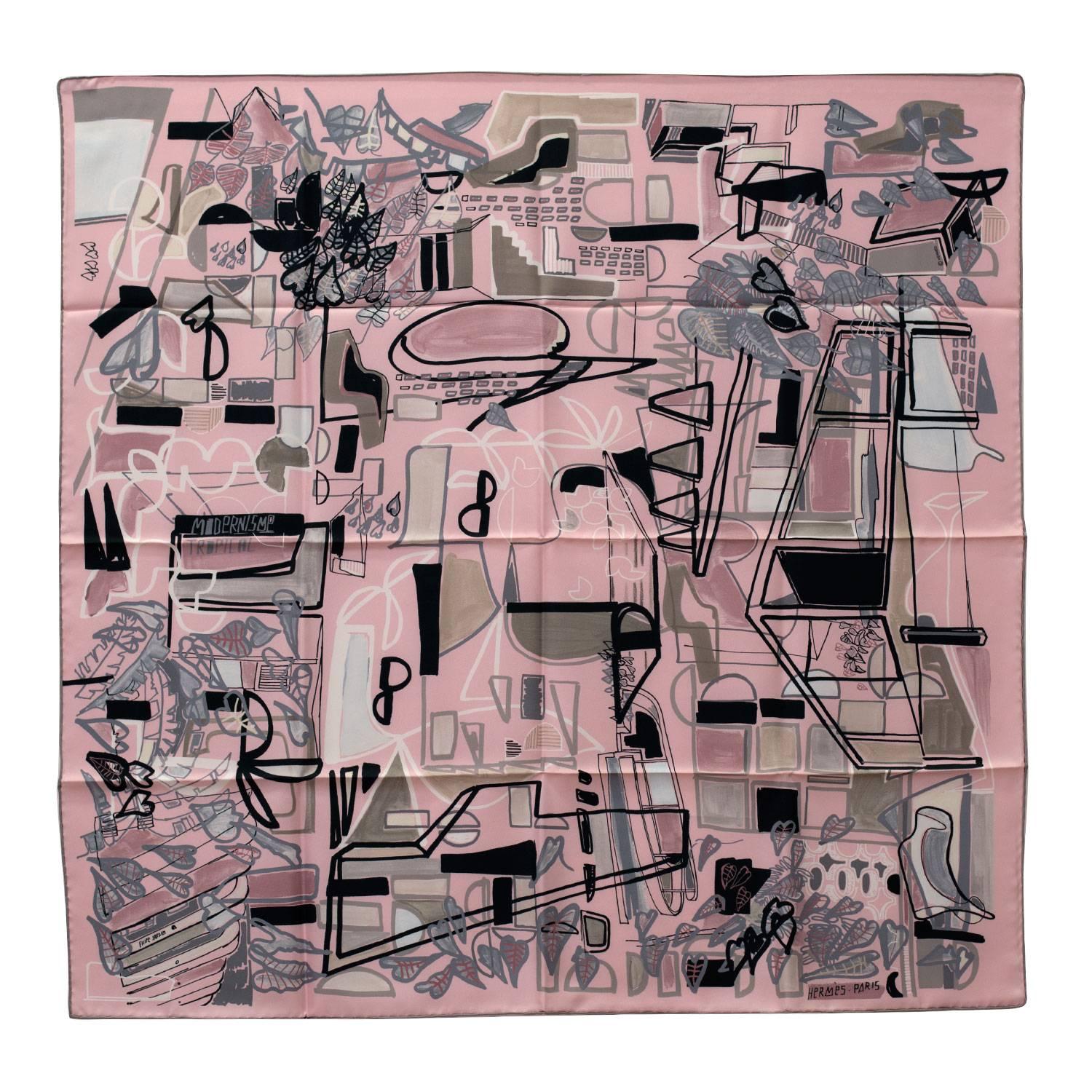Hermes carre 100% Silk 90 CM Modernisme Tropical Rose Pale/Argile/Grey Color