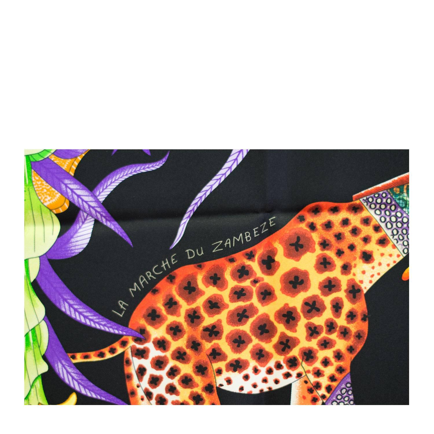 Hermes Carre Twill 100% Silk La Marche Du Zambeze Noir/Vert/Orange  2016

Pre-owned and never used.

Bought it in Hermes store in 2016.

Model: La Marche Du Zambeze

Composition: 100% Silk.

Size: 90cm x 90cm.

Color: