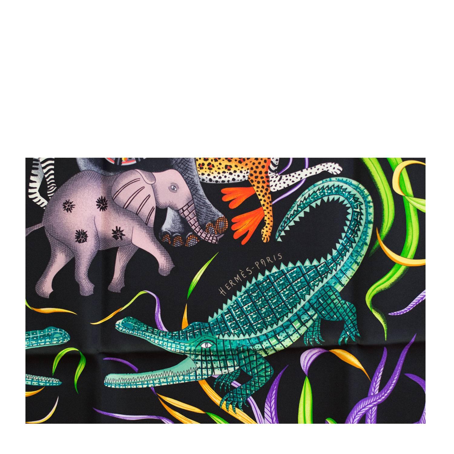 Hermes Carre Twill 100% Silk La Marche Du Zambeze Noir/Vert/Orange  2016 In New Condition In Miami, FL