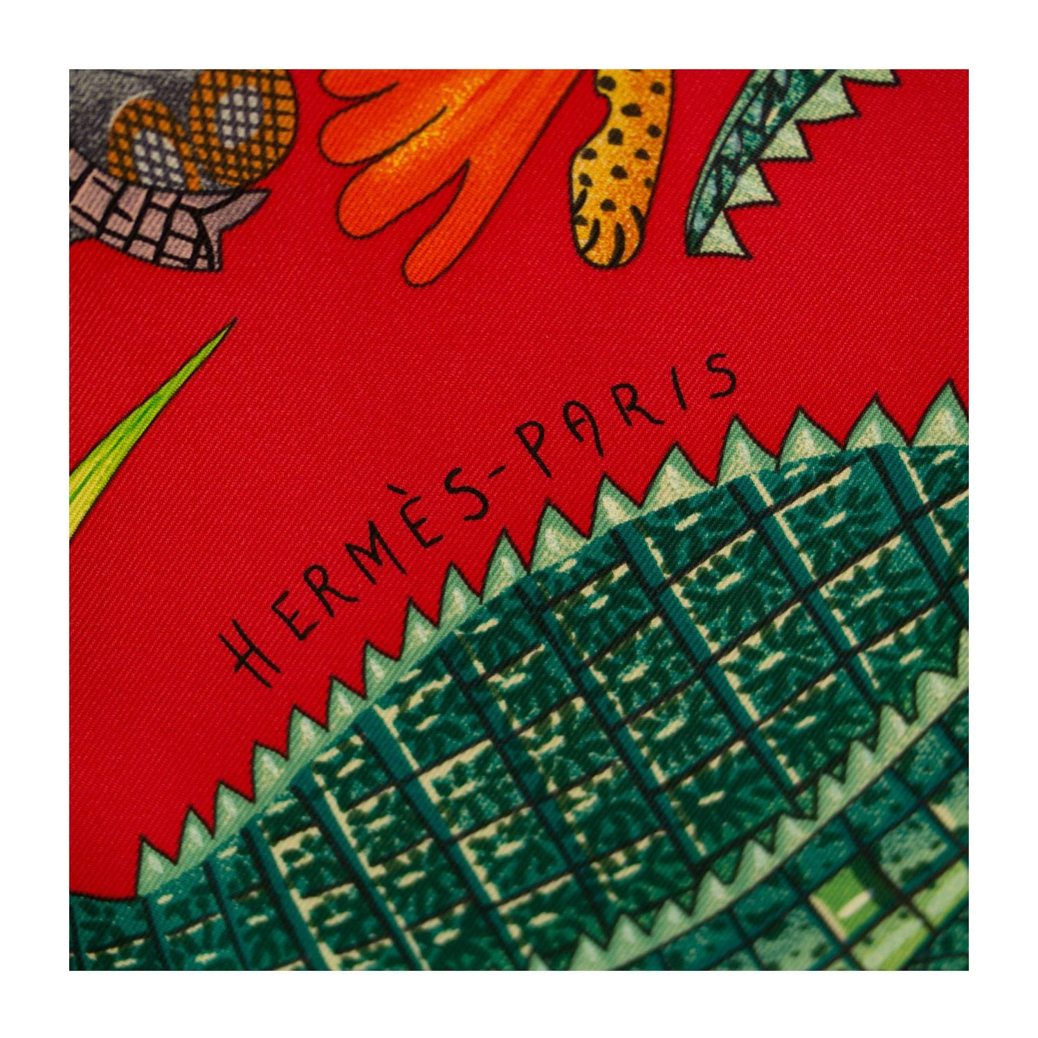 Hermes Carre Twill 100% Silk La Marche Du Zambeze Framboise/Vert/Orange 2016 In New Condition In Miami, FL