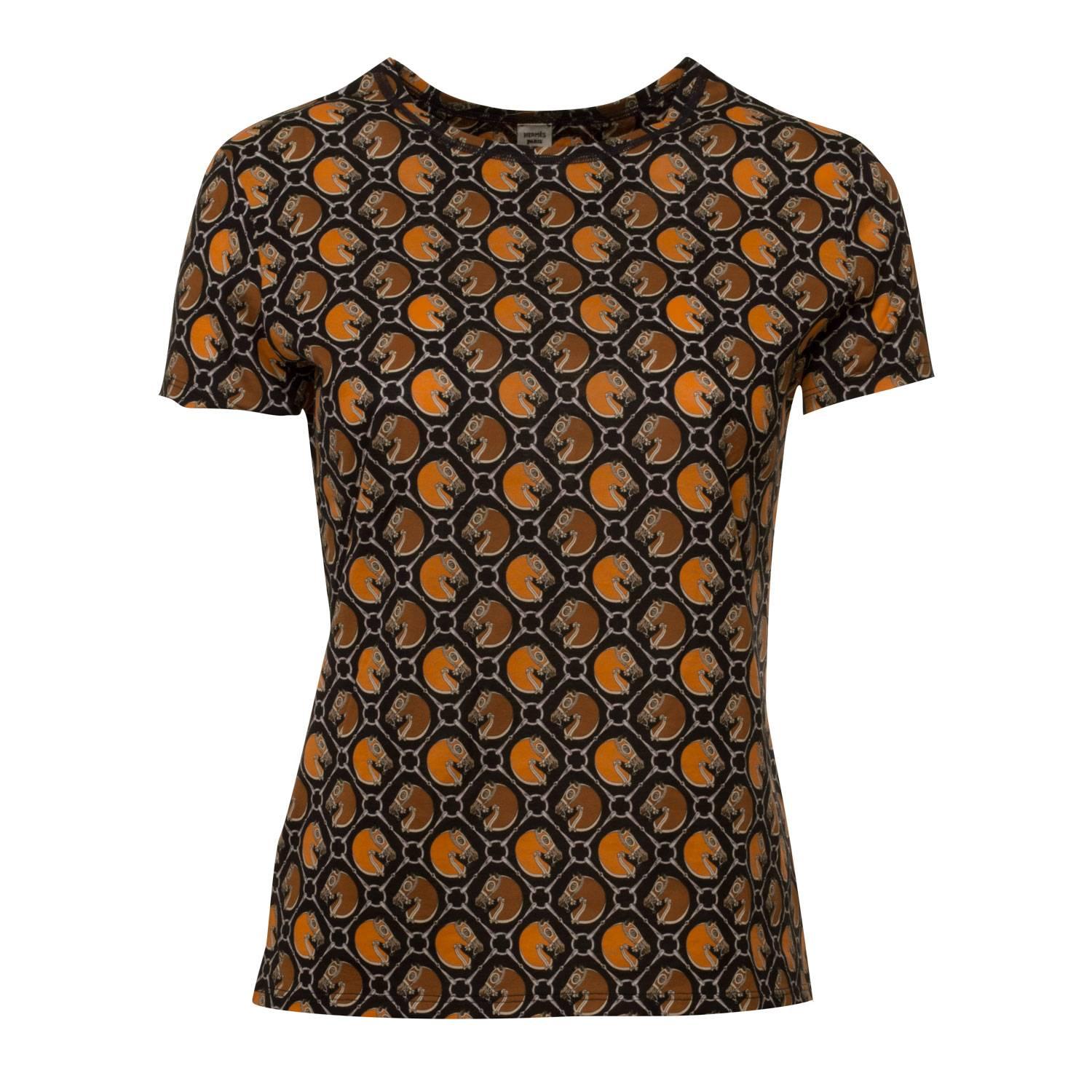 Hermes T-Shirt Jersey Tattersale on Cotton Size 38 Color Bleu/Orange 2016. For Sale