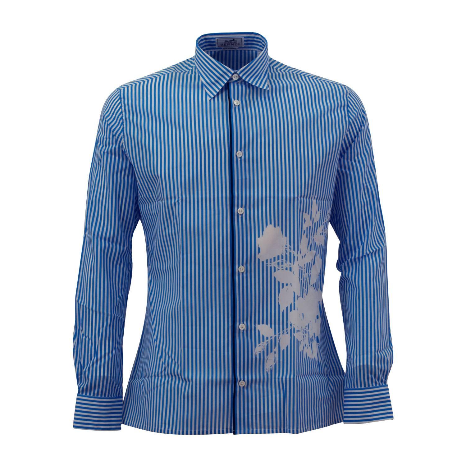 Hermes Shirt Flora Printed Silk Flower Accesory Blue Color 40 Size 2016. For Sale