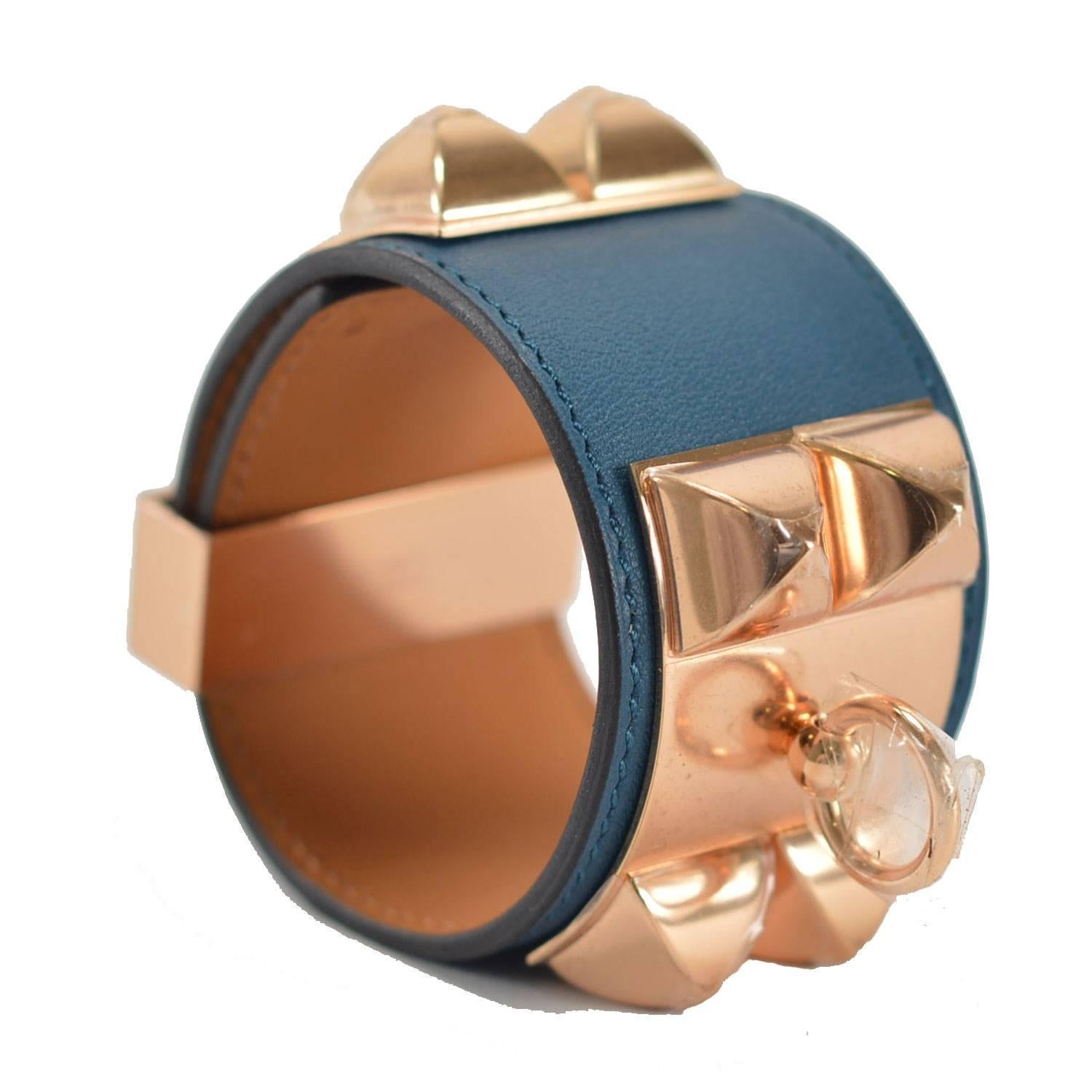 Hermes Bracelet "Dog Collar; (CDC);Collier de Chien; Swift Leather Blue Colvert Color Rose Gold Plated Hardware 2015.

Pristine Condition. Pre-owned and never user.

Bought in Hermes store in 2015. 

Composition: Swift Leather.

Model: Collier