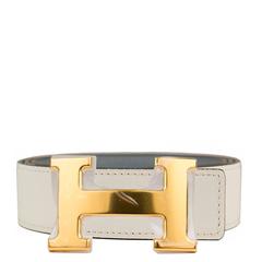 Hermes Belt H Reversible Swift/Epsom Leather White/Blue Lin Color Gold Hardware