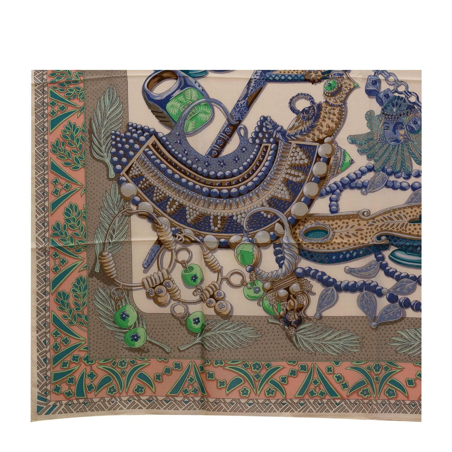 Women's Hermes Shawl 140cm Zénobie, Reine de Palmyre white/denim blue/green Color 2016