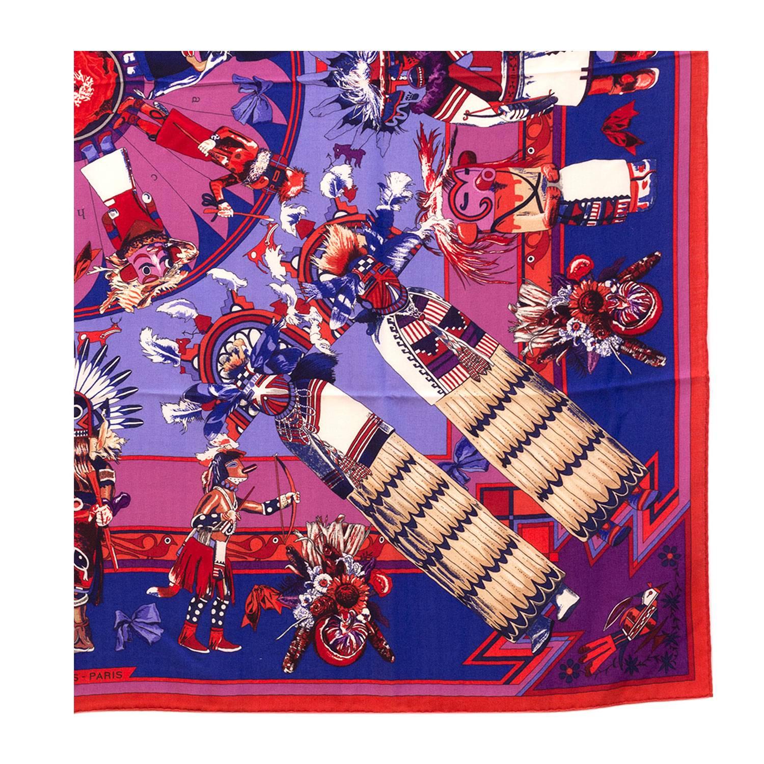 Hermes Shawls (Chale) 140cm Kachinas Model Red/Blue/Violet Color 2016 In New Condition In Miami, FL