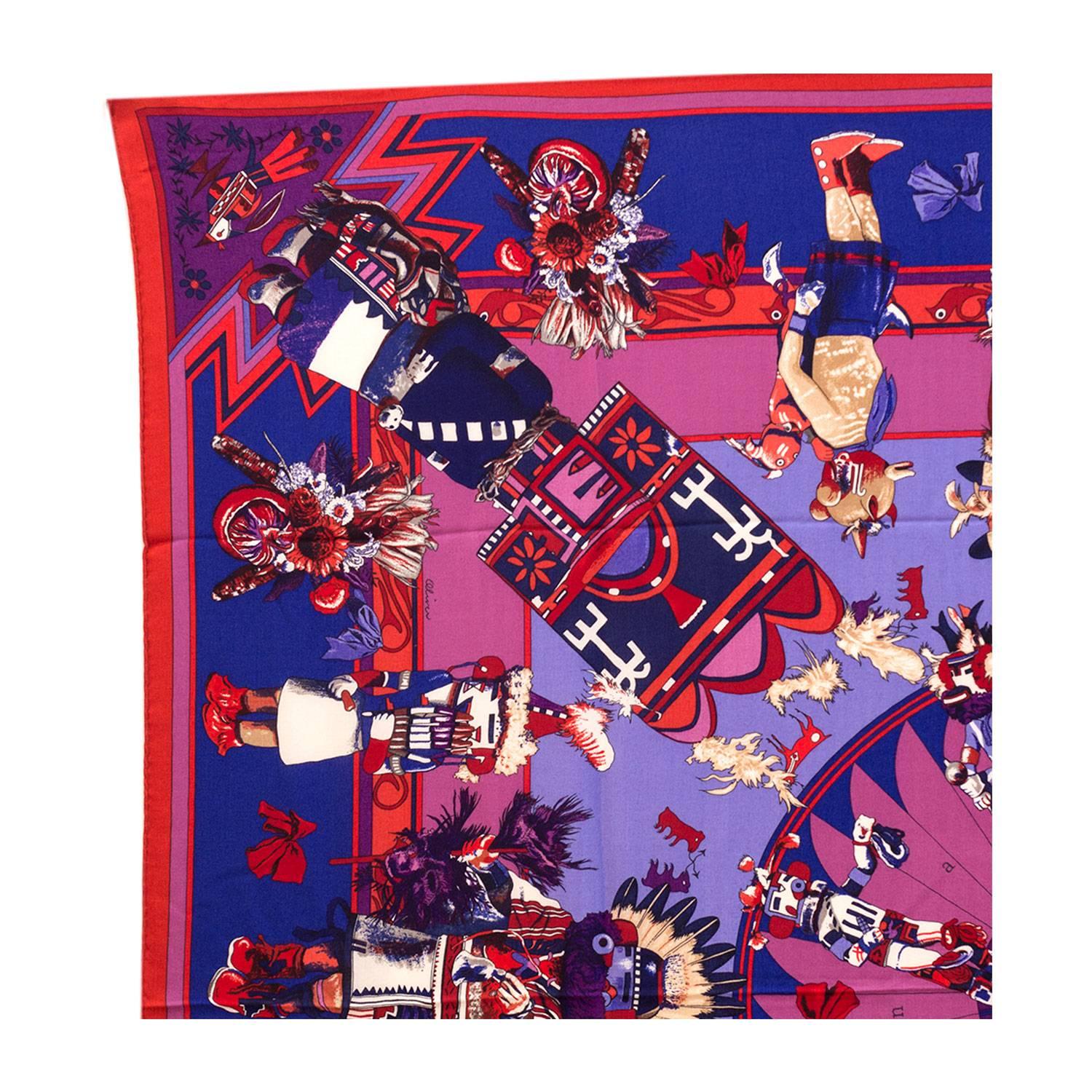 Women's Hermes Shawls (Chale) 140cm Kachinas Model Red/Blue/Violet Color 2016