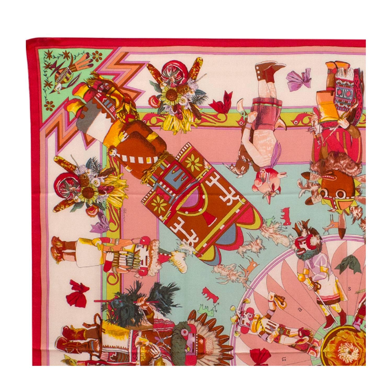 Hermes Shawl (Chale) 140cm Kachinas Model 70% cashmere and 30% Silk Raspberry/Aqua/Powdery Pink Color 2016

Pre-owned and never used.

Bought it in Hermes store in 2016.

Model: Kachinas.

Composition: 70% Cachemire/30%Silk.

Size: 140 cm