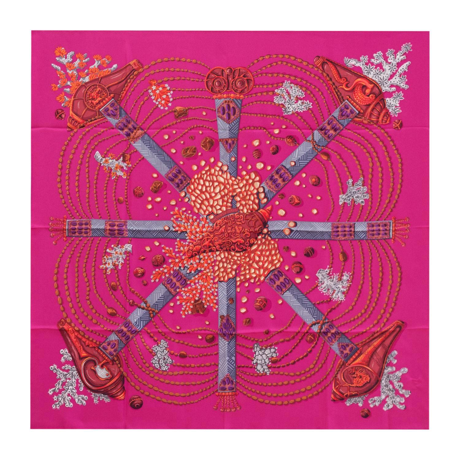 Hermes Scarf "Carre" "Chemins de Corail" 36" x 36" (90cmx90cm) 100% silk 2016