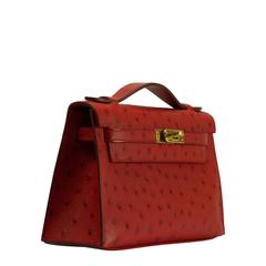 Hermes Kelly Pochette Ostrich Leather "Rouge Vif" Bright Red Color GHW 2017