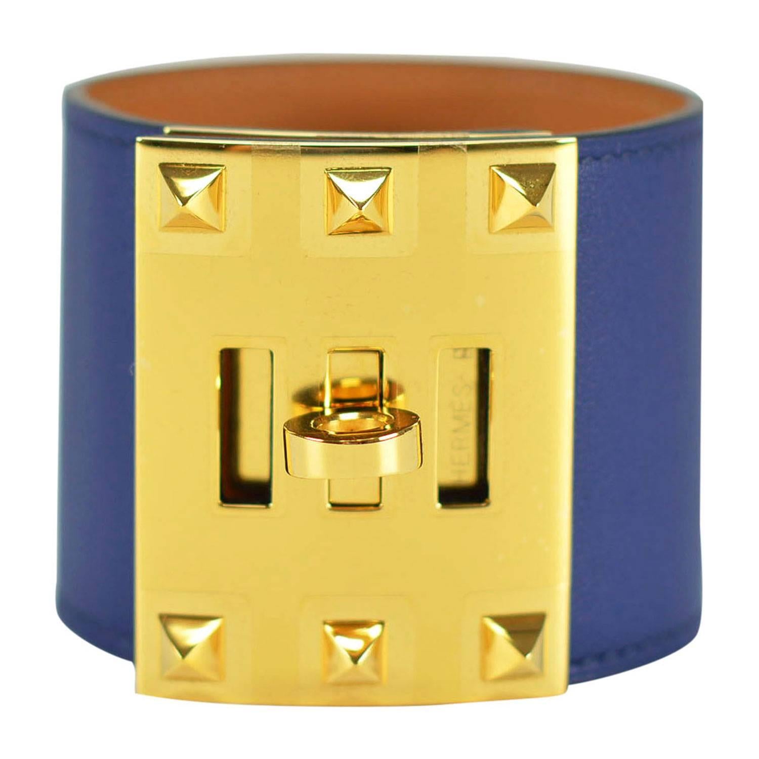Hermes Bracelet "Extreme" Swift Leather Blue Saphire Color Gold Hardware S Size  For Sale