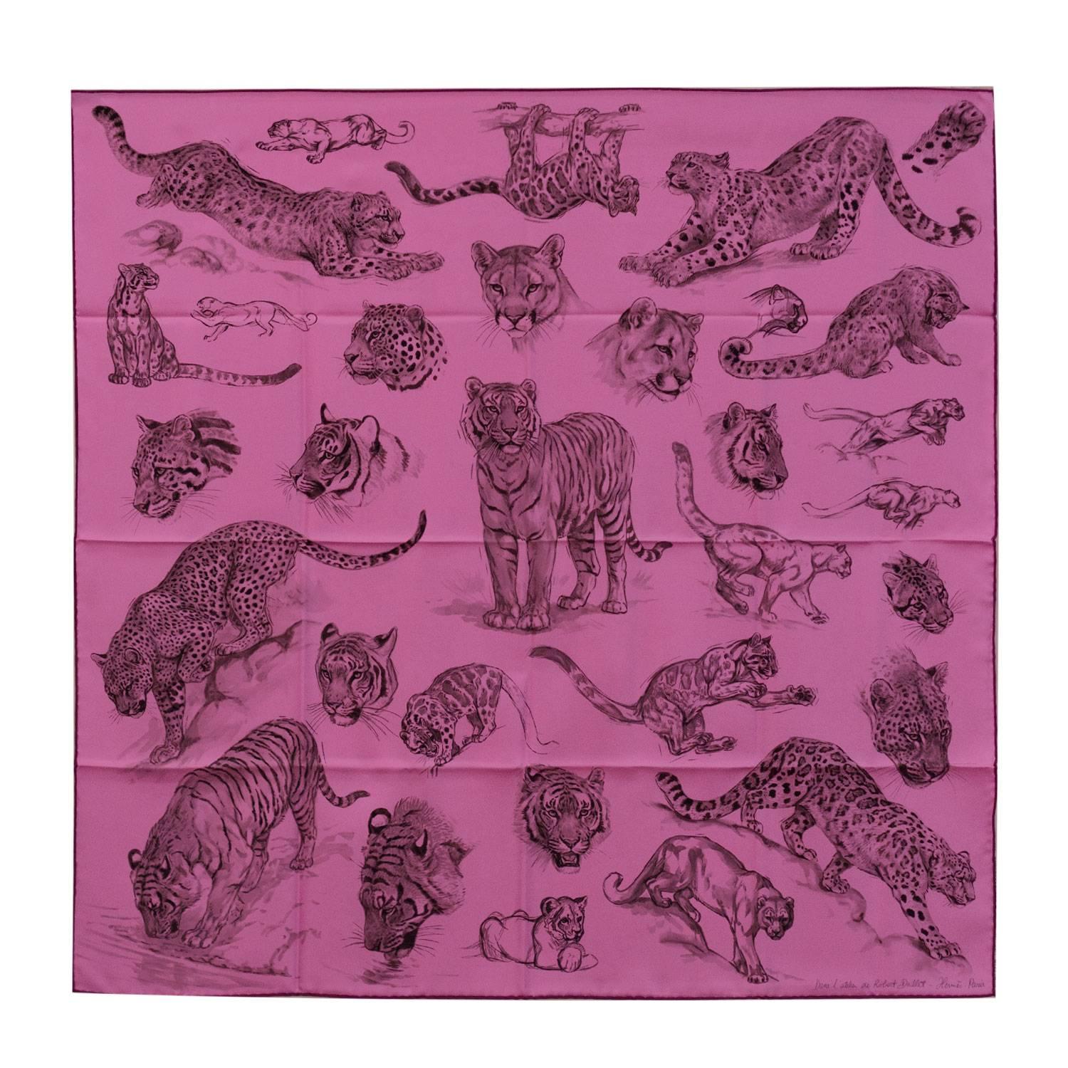 Hermes Carre 100% Silk "Dans l'atelier de Robert Dallet" Cyclamen Pink / Gray / For Sale