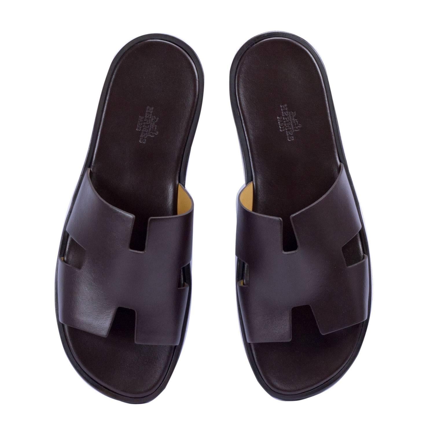 Hermes Men Sandals "Izmir" Veau Leather Moka Color 43.5 Size 2017 For Sale