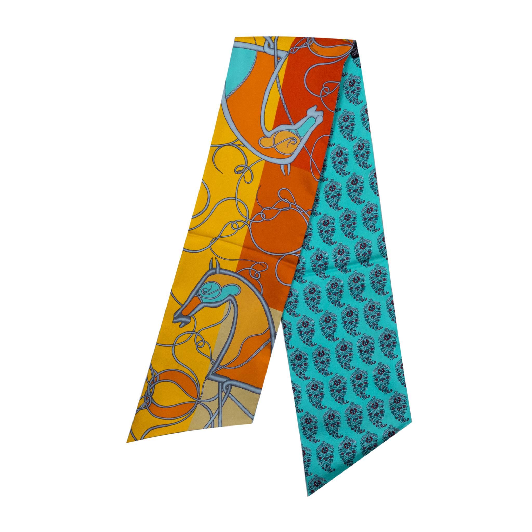 Hermes Scarf "Maxy-Twilly" "Coup de Fouet au Bloc" Orange / Turquoise / Rose2017 For Sale