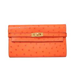 Hermes Kelly Wallet Ostrich Leather Orange Color GHW