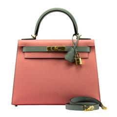 Rare Hermes Kelly Bag 28 Sellier Epsom Leather Pink Alizee / Grey CZ GHW 2017
