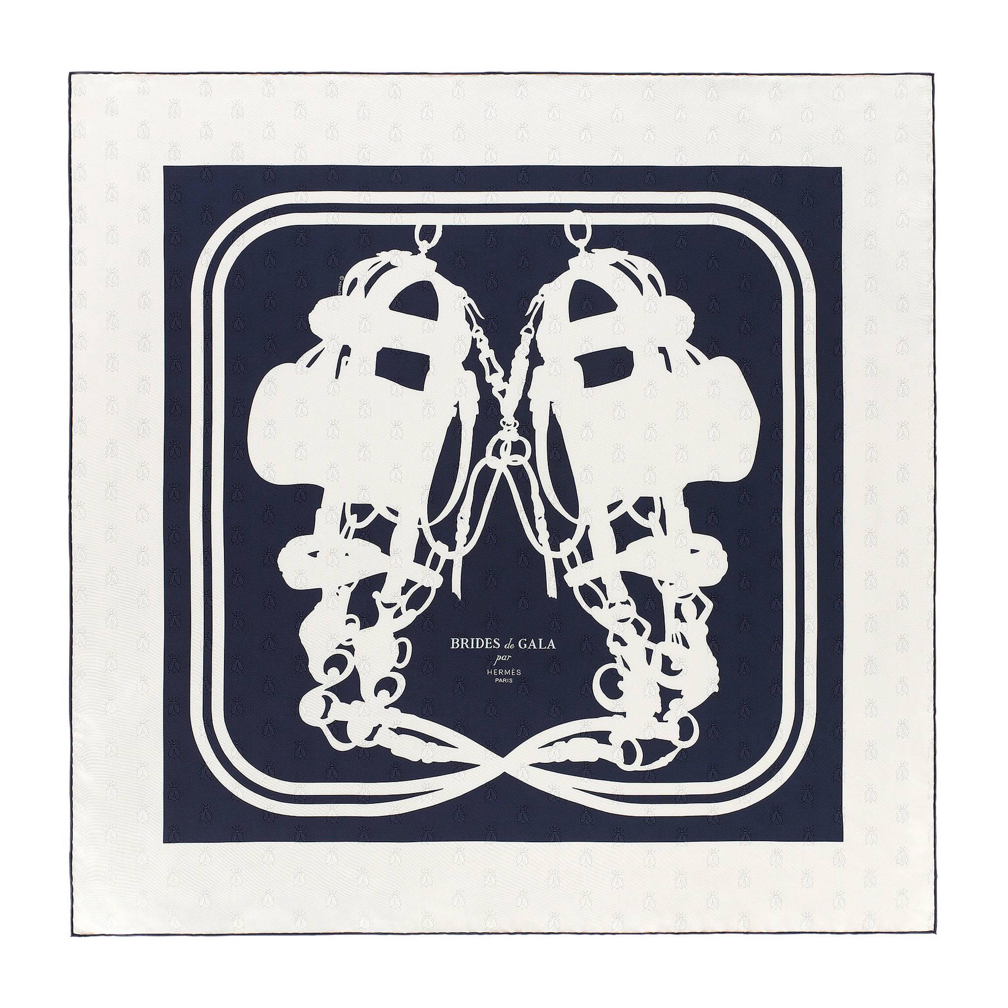 Hermes Scarf "Carre" "Brides de Gala Tatoo" 100% Silk Bees Navy / White Color For Sale