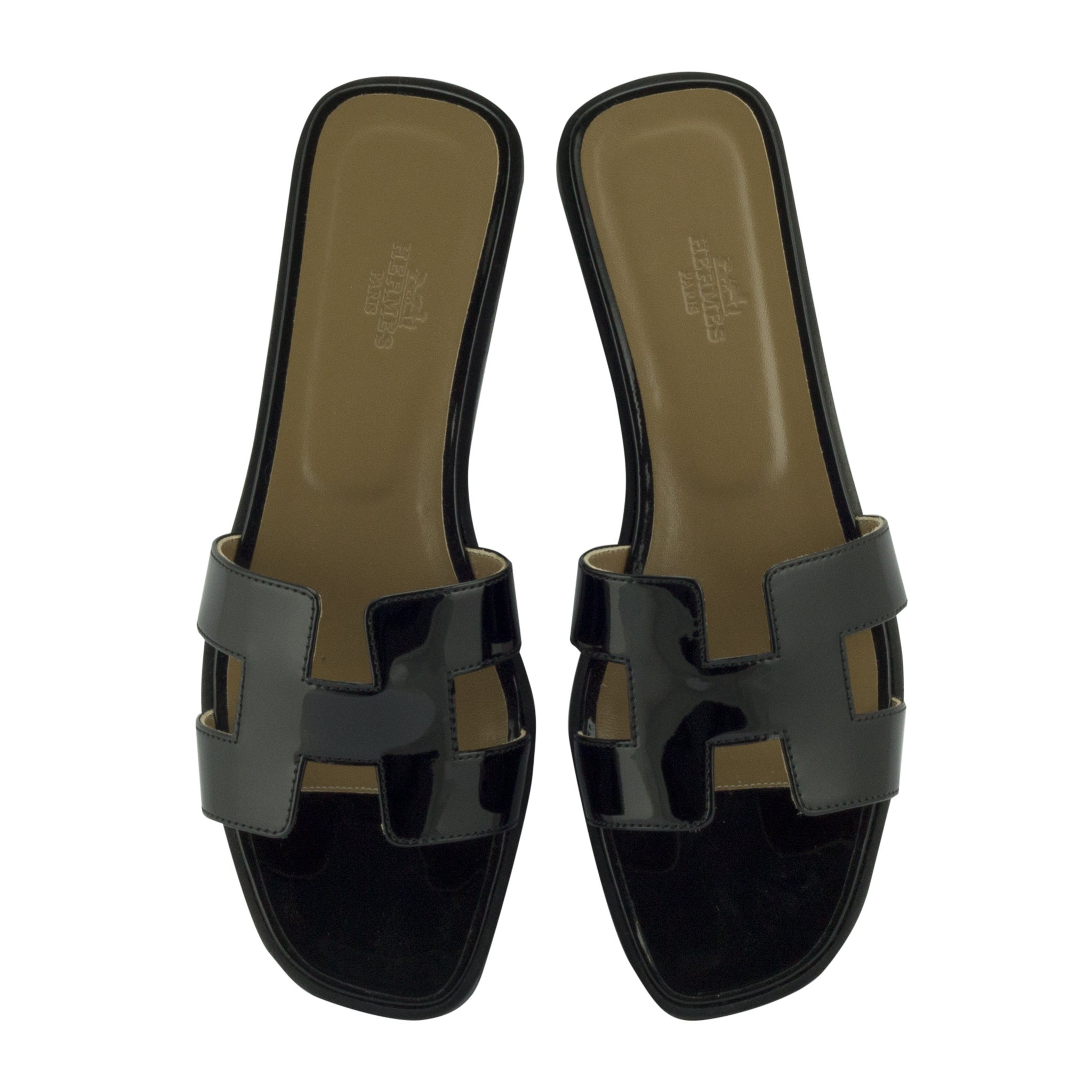 Hermes sandals top black patent leather