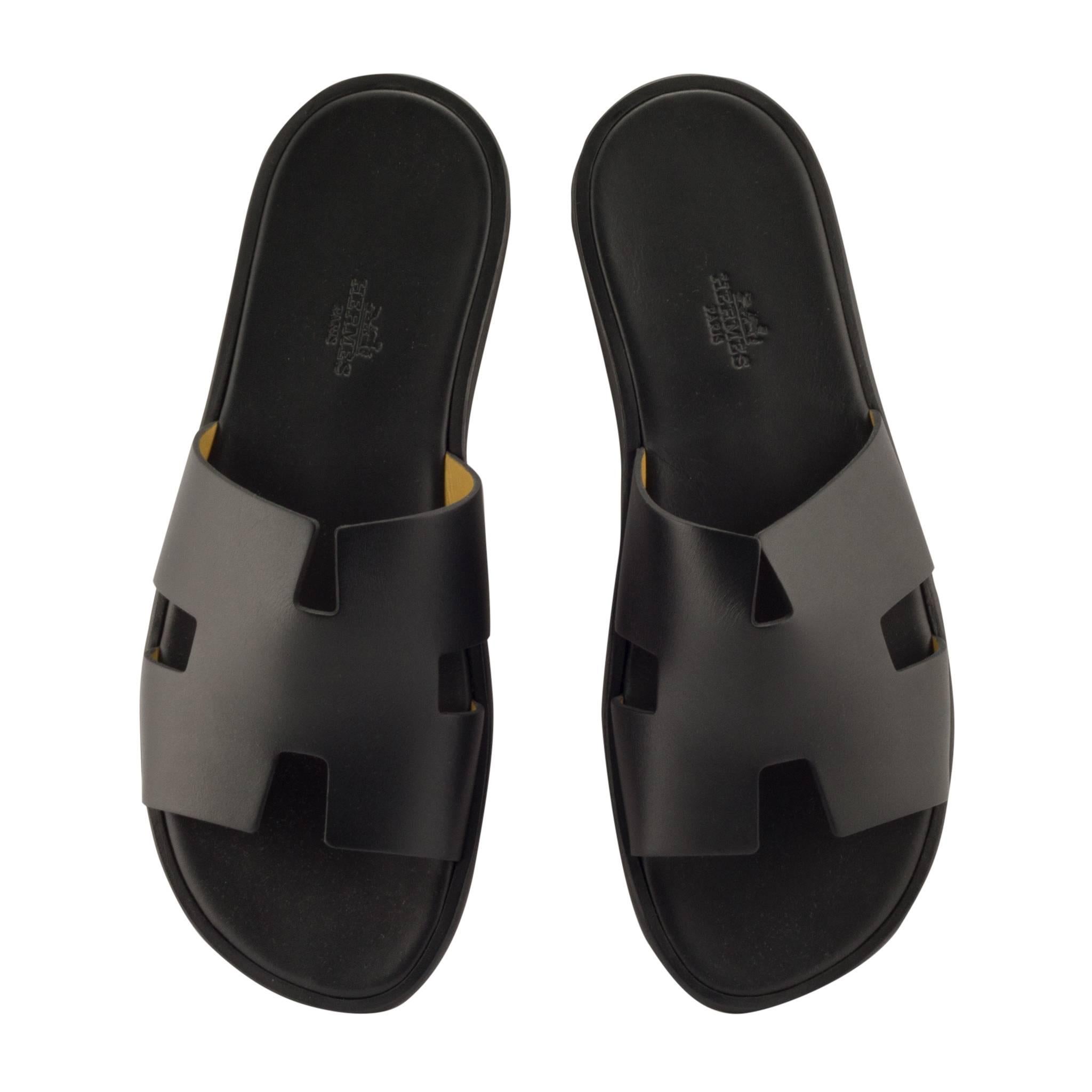 Hermes Men Sandals "Izmir" Calfskin Leather Black Color 9 Size